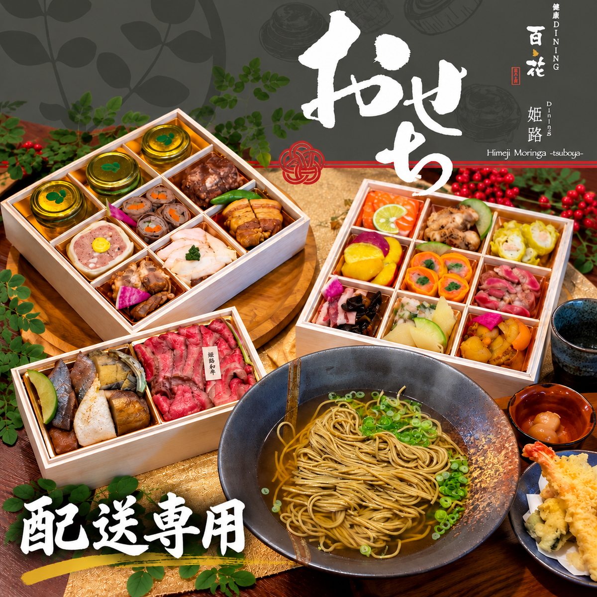 配送専用【お節＋年越し蕎麦】DINING姫路百花特製 OSECHI「三段重」＋モリンガ年越しそばセット＊お正月企画｜12/22予約締切